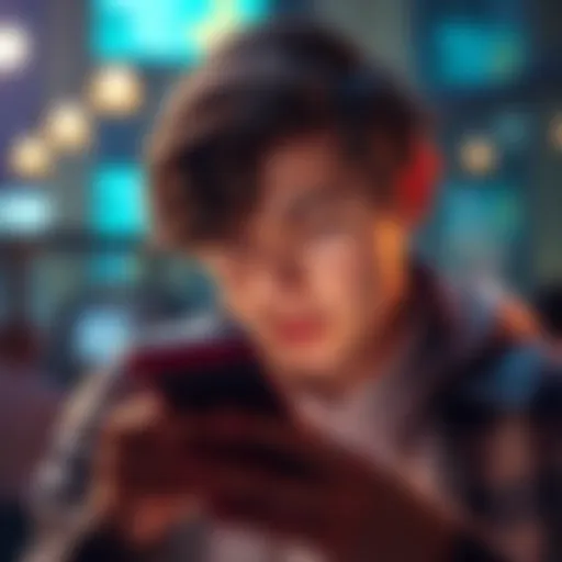 Frustrated person looking at phone with ads A person showing frustration while looking at their smartphone filled with ads, representing endless interruptions in apps.