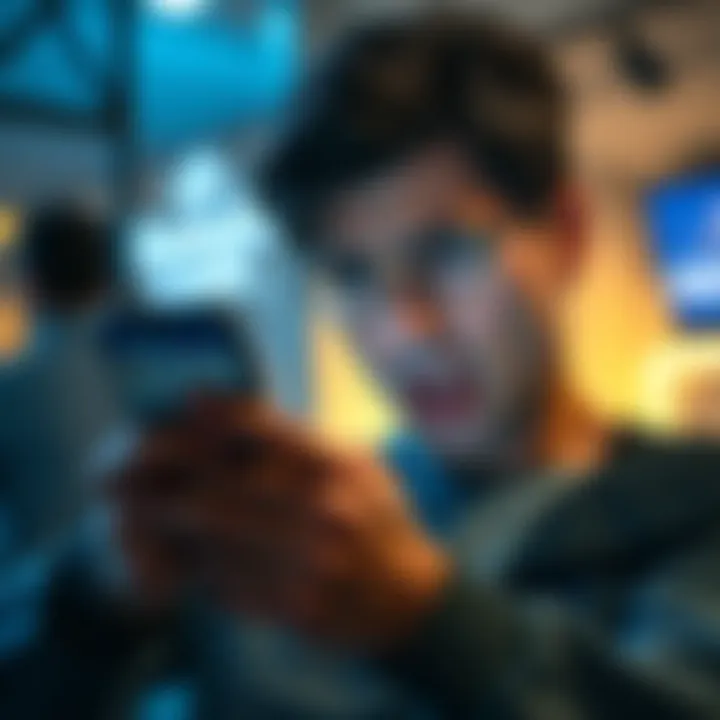 A person looking frustrated while using their phone, showing a banking app with an error message on the screen, symbolizing issues with a deposit