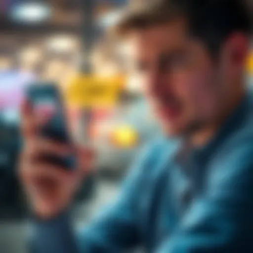 Frustrated user with blocked payment account A person looking frustrated while using a phone, showing a blocked account message from a payment service, symbolizing issues with Curve.