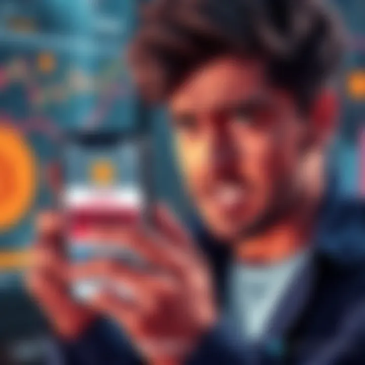 A person looking stressed while holding a phone displaying the KAST app, showing a banned account message, with Bitcoin graphics in the background.