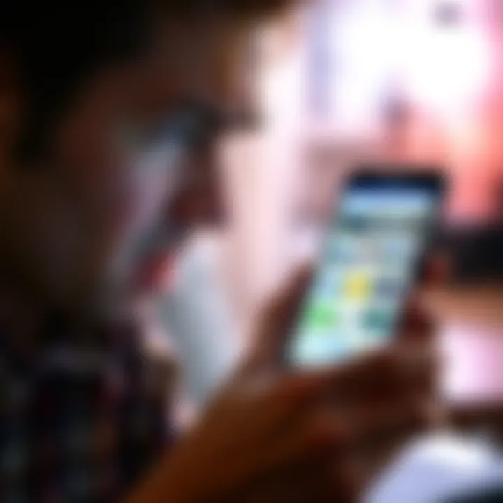 A person showing frustration while looking at Samsung store advertisements on a smartphone, considering the impact of automatic app downloads on security