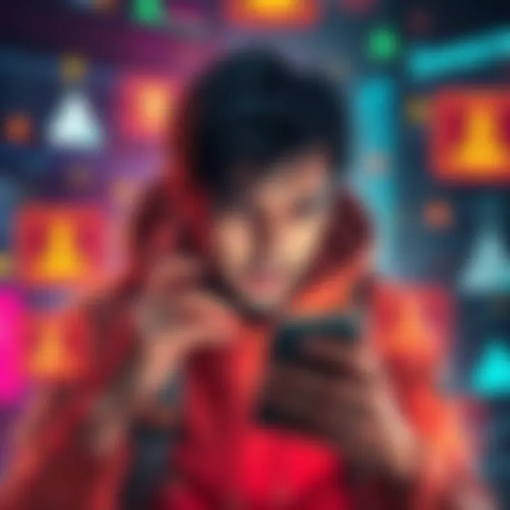 A person showing frustration while using the Sweatcoin app on their smartphone, surrounded by visual elements representing bugs and errors.