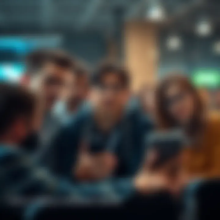 A group of people looking at a screen with confused expressions, highlighting their dissatisfaction with a gamified advertising program.