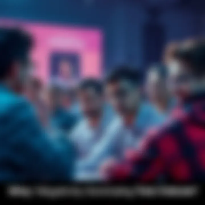 A group of people engaging in a heated debate on a forum, showing expressions of frustration and doubt, with one person raising a hand to emphasize a point.