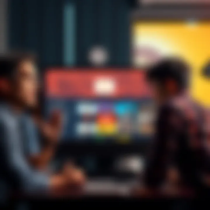 A group of diverse people expressing frustration over a computer screen showing the new user interface design.