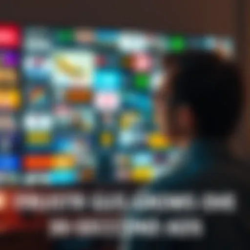 A person looking annoyed while watching streaming ads on a TV screen filled with ad graphics