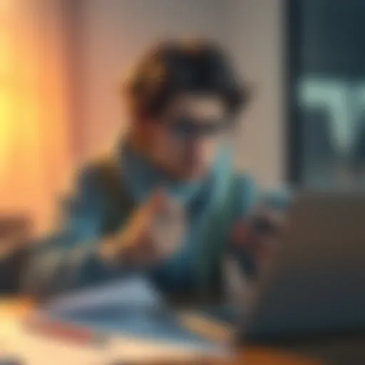 A young person looking frustrated while holding a smartphone, surrounded by papers and a laptop, reflecting their struggle with unlocking a financial app account.