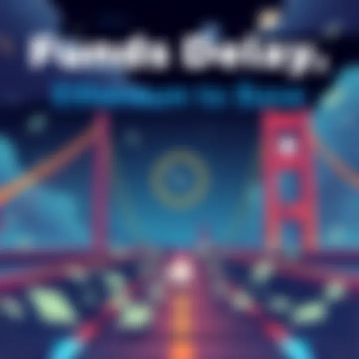 A digital illustration showing a bridge symbolizing the transfer of funds from Ethereum to Base, with a clock indicating a delay, and dollar bills fading away.