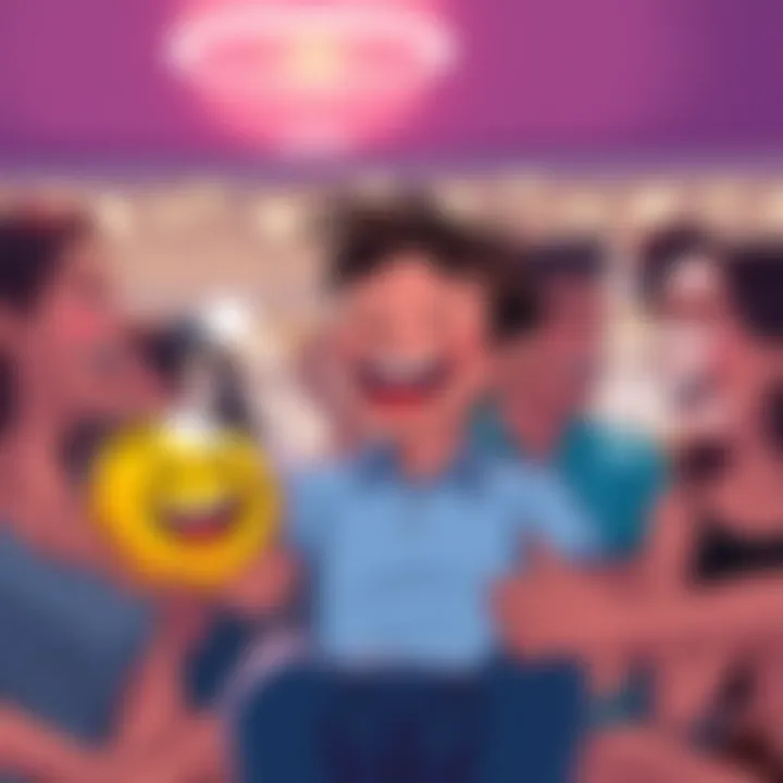 A cartoon character holding a laughing emoji and telling a terrible joke to a group of friends, all laughing together.