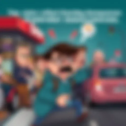 A cartoon showing a person frustrated by various common daily annoyances like a long line at a coffee shop and a stubborn traffic jam.