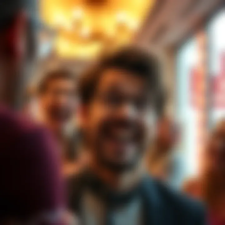 A person with a humorous expression shaking their head in disbelief, capturing a moment of saying no, with laughter in the background