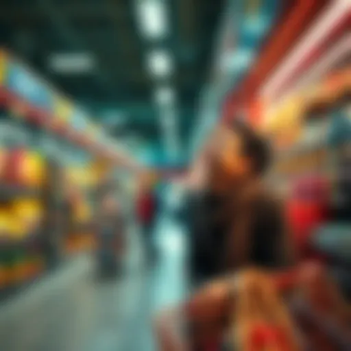 A shopper laughing at a strange product display in the aisle of a busy supermarket