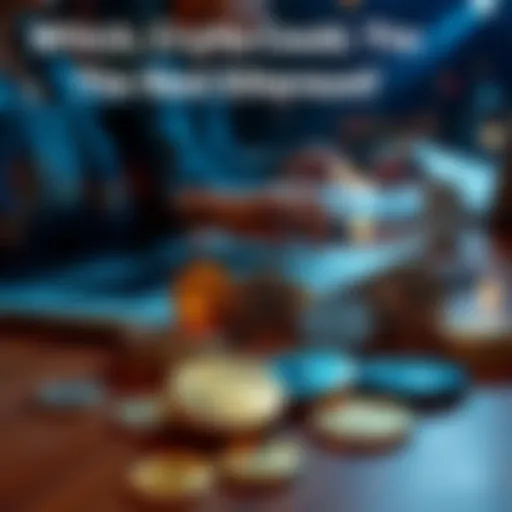 Several cryptocurrency coins on a table with a laptop and a person discussing potential trends.