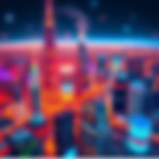 A vibrant city skyline with digital technology and economic growth symbols representing politics, economy, and technology in 2025.