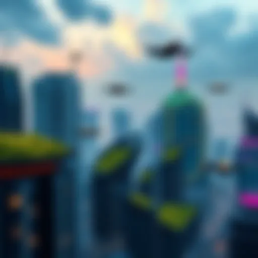 A futuristic city skyline with advanced technology, showcasing buildings with green rooftops and flying vehicles.