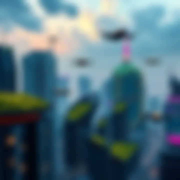 A futuristic city skyline with advanced technology, showcasing buildings with green rooftops and flying vehicles.