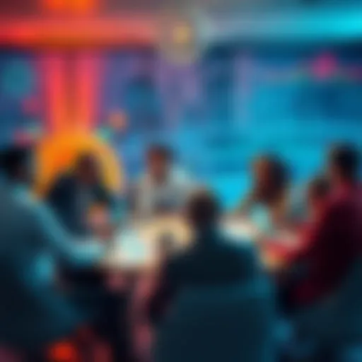 A group of diverse people discussing decentralized finance ideas at a round table with charts and graphs