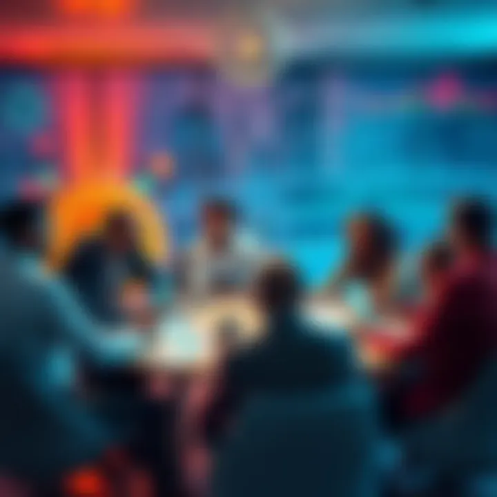 A group of diverse people discussing decentralized finance ideas at a round table with charts and graphs
