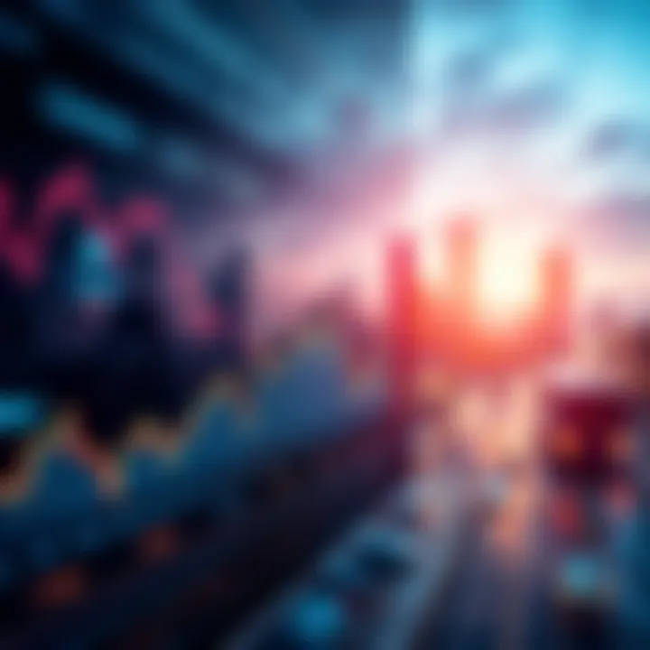 A digital display showing graphs and financial data with a futuristic city background