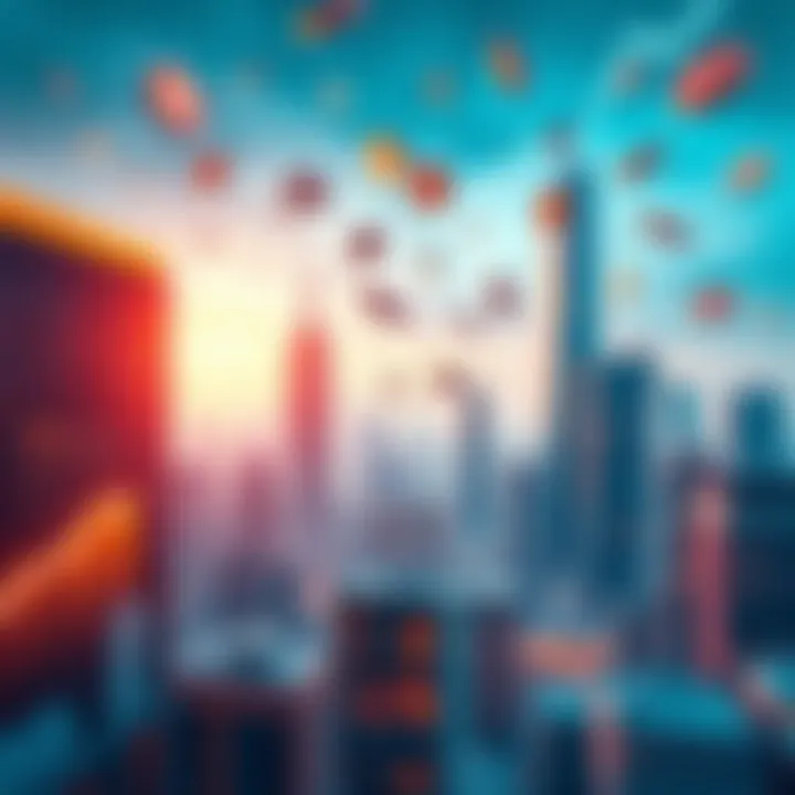 A digital illustration showing a futuristic city skyline with financial symbols like coins and graphs floating in the air.