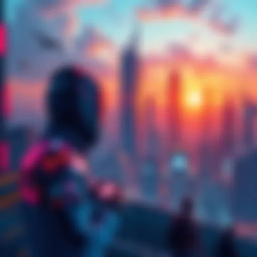 A futuristic city skyline with advanced technology and people engaging in new activities, symbolizing change and development.