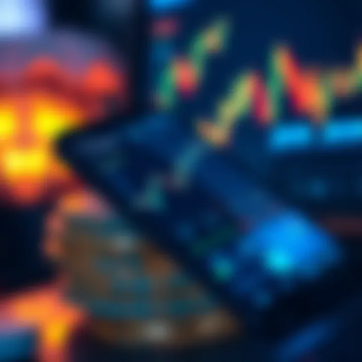 A smartphone displaying leading crypto exchanges for futures trading with a dynamic financial graph in the background.