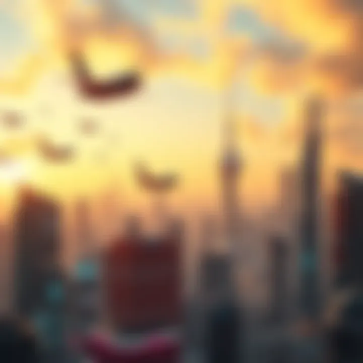 A vibrant futuristic city skyline with advanced buildings and flying vehicles, symbolizing innovation and new opportunities