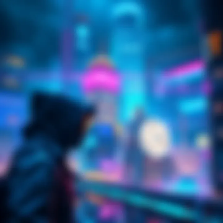 Glimpse into the Future of Finance A futuristic cityscape featuring digital currencies, with a mysterious figure in the foreground hinting at time travel.