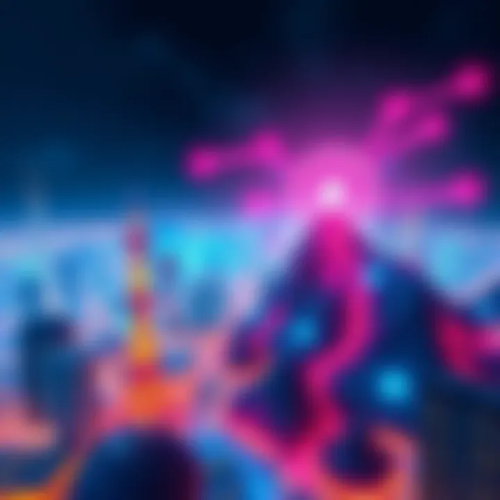 A futuristic digital landscape showcasing diverse NFT applications across various industries