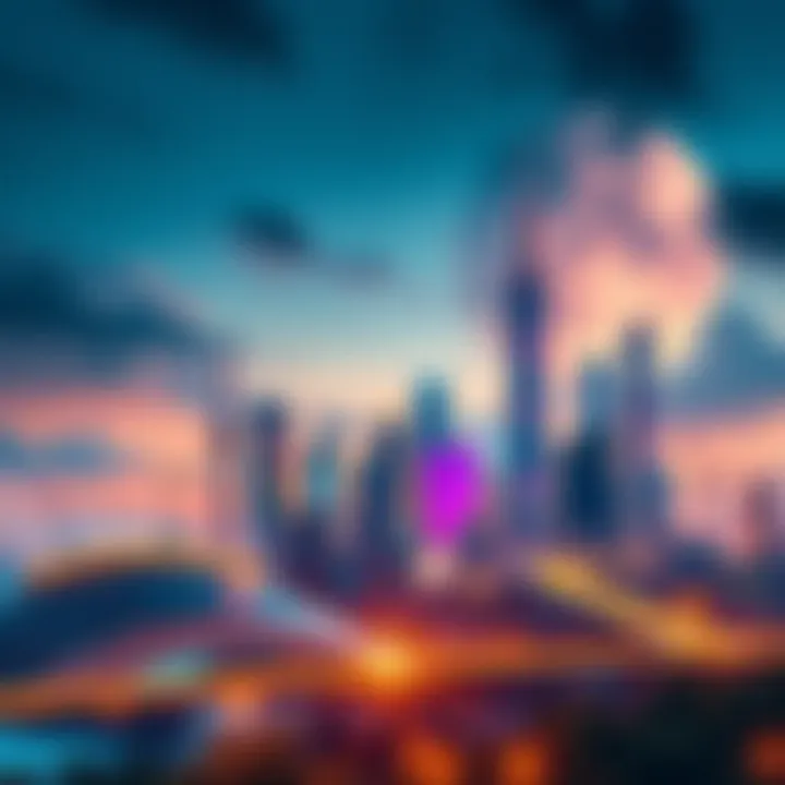 A futuristic skyline with symbols of various industries and key events looming in the background
