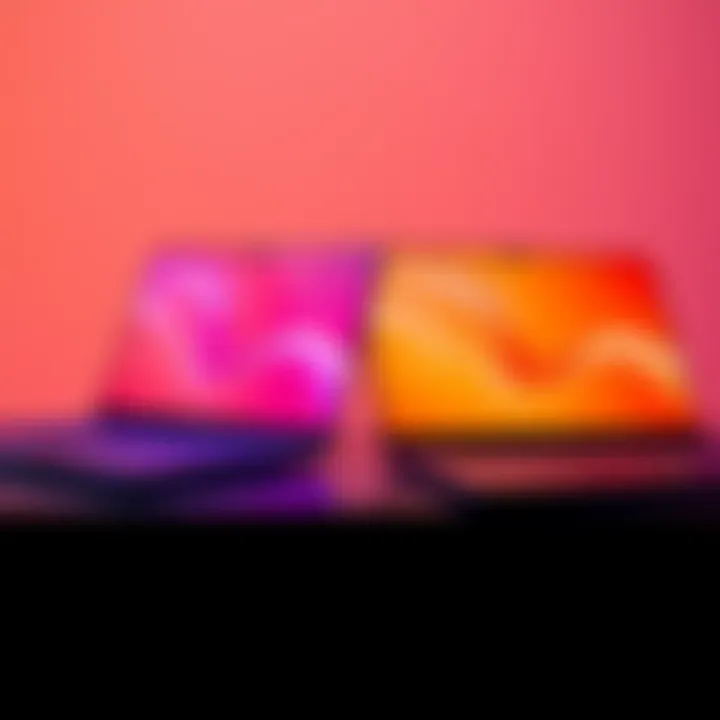 FW 13 Pro laptops in orange and purple colors Side-by-side comparison of FW 13 Pro laptops in translucent orange with graphite keyboard and translucent purple with lavender keyboard