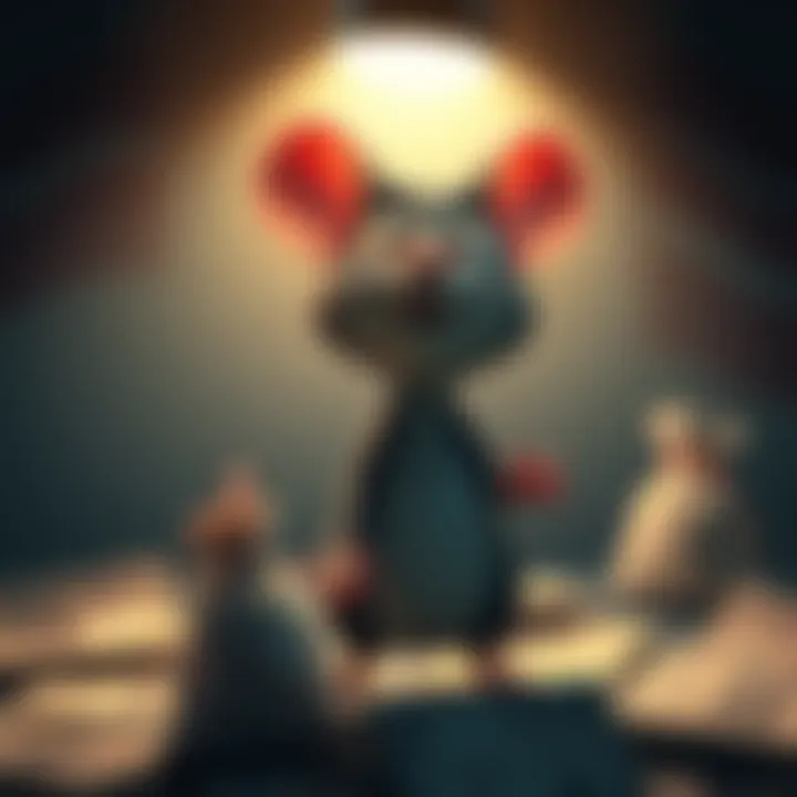 Gadget the Mouse in a spotlight Gadget the Mouse standing under a spotlight, looking surprised with a bag of money nearby, surrounded by headlines about her scams
