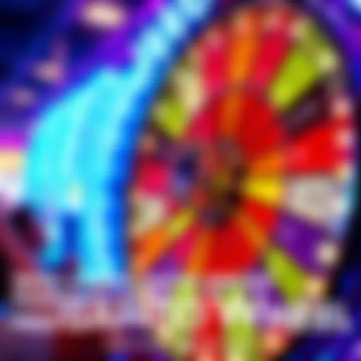 A close-up of a colorful diamond wheel used in a gambling game, showing bright sections and a spinning motion, with players watching eagerly.