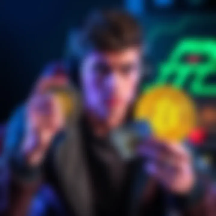 A concerned gamer holding a Bitcoin symbol and a cash note, looking worried about an online transaction failure