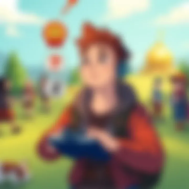 Guidance in Gaming Decisions A vibrant illustration of a gamer contemplating choices between a badge and land acquisition, surrounded by advice and tips from experienced players.