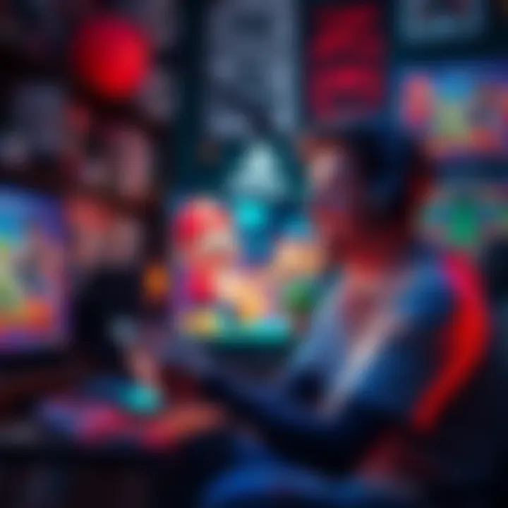 A person playing a Nintendojack game, surrounded by gaming gear and posters, showing enthusiasm and focus.