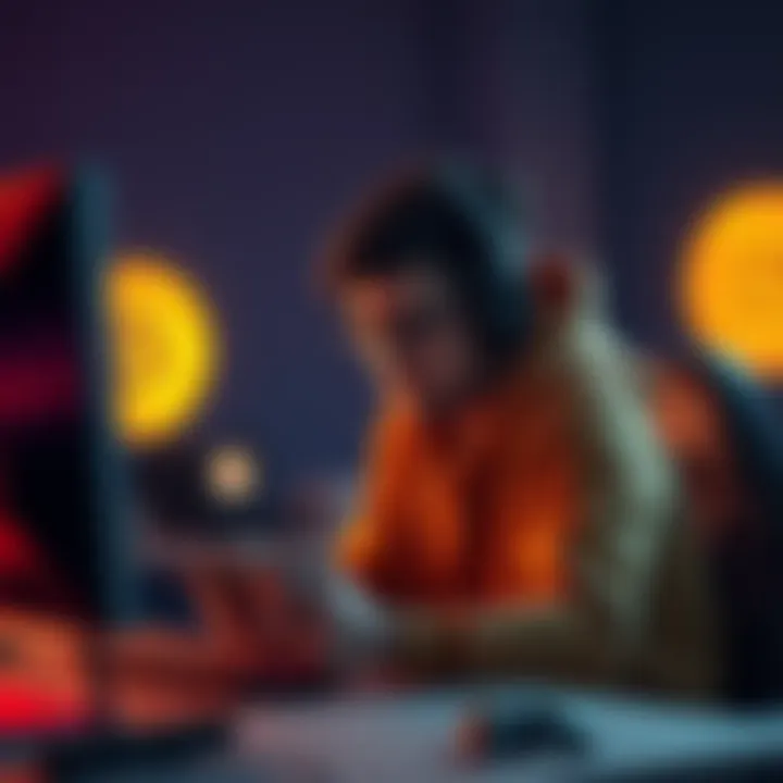 A gamer sits at a desk with a computer, looking regretful while holding a gaming controller. In the background, a Bitcoin logo is faintly visible, symbolizing missed investment opportunities. The scen...