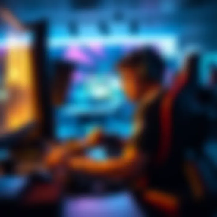 A player sits at a gaming setup, looking focused and determined, with a controller in hand and a computer screen displaying a competitive game.