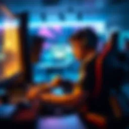 Gamer returning to play A player sits at a gaming setup, looking focused and determined, with a controller in hand and a computer screen displaying a competitive game.