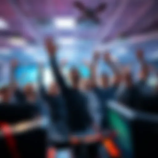Gamers Celebrating Their Victories A group of gamers cheering as they celebrate their successful level completions in a bright room filled with gaming equipment.