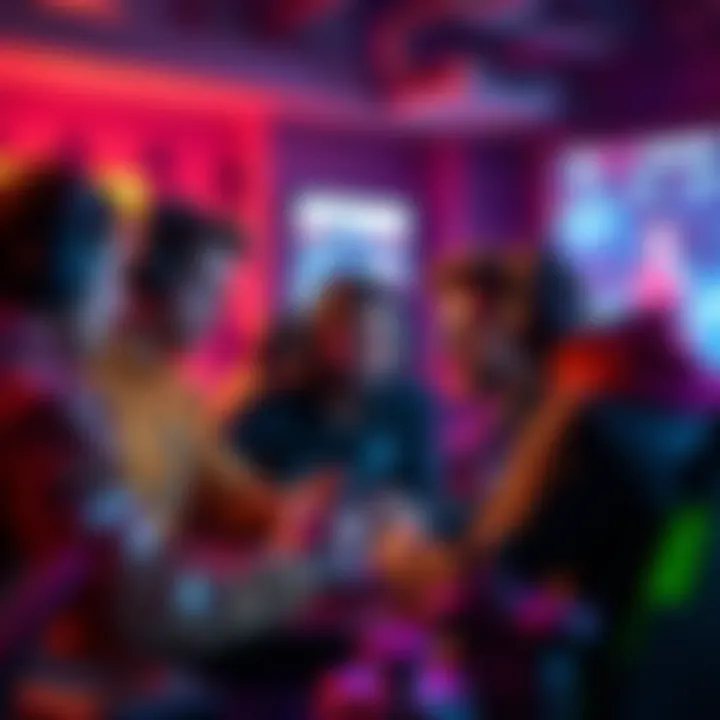 A group of gamers discussing digital asset ownership in a vibrant gaming environment.