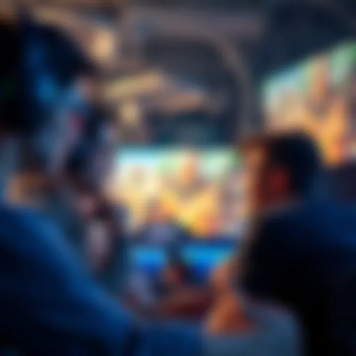 A group of gamers discussing a zoom-out feature on their screens, showing intense expressions and game graphics in the background.