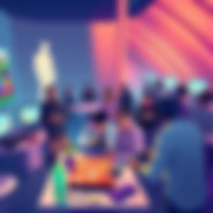 A colorful digital illustration showing people playing games and discussing investment opportunities related to the Solana blockchain.