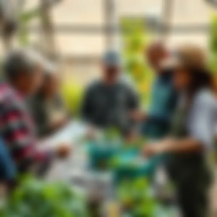 A group of neighbors discussing seed saving techniques in a community garden, with various seed packets and plants around them.