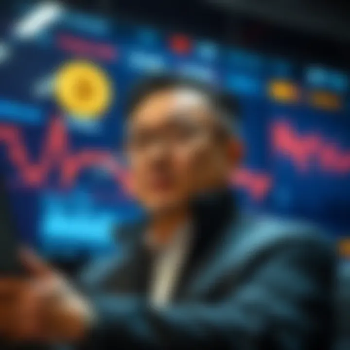 Garret Jin, a Trump insider, in front of a screen showing Bitcoin and Ethereum prices dropping after his $1 billion sale.