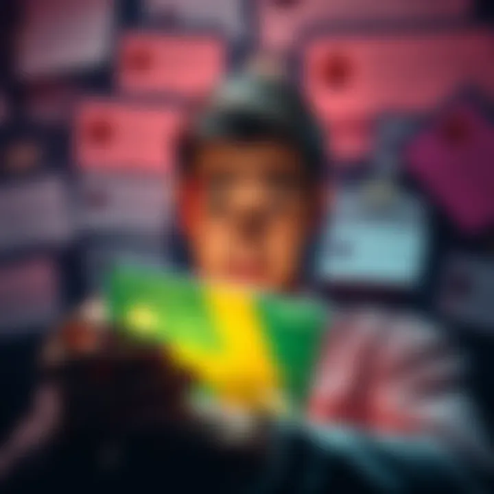 A worried person looks at a Gemini credit card surrounded by negative comments on a forum