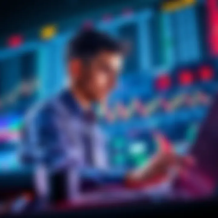 A young trader from Gen Z studies stock charts on a laptop, looking focused and analytical.