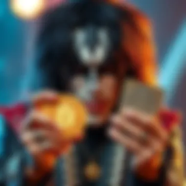 Gene Simmons of KISS holding a cryptocurrency symbol, looking concerned amid backlash from fans and investors.