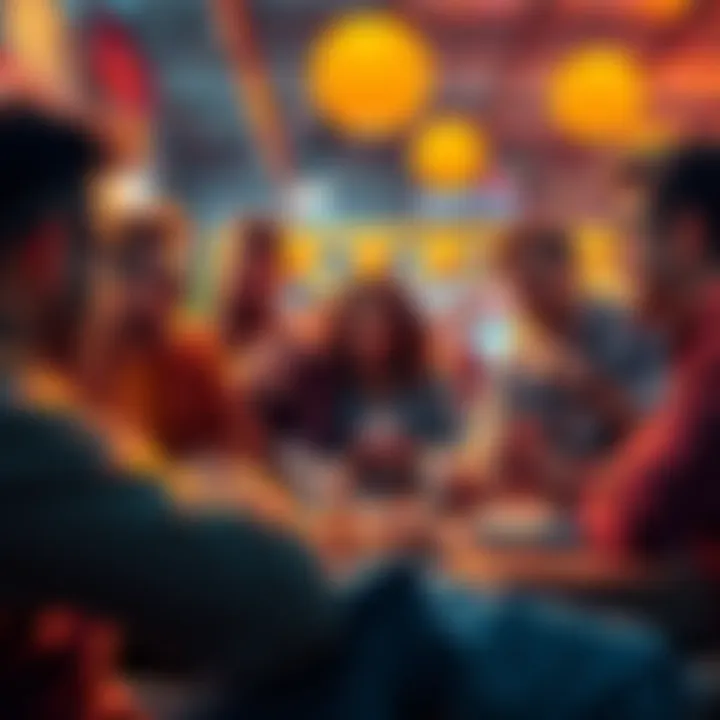 A group of people engaging in a lively discussion about cryptocurrency and donuts in a casual setting.
