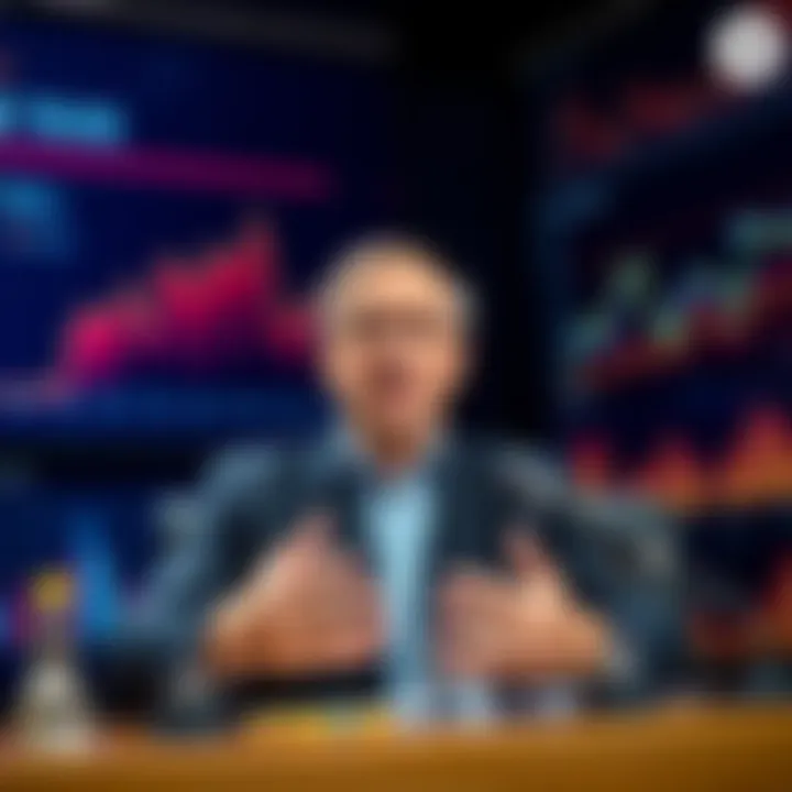 A German finance minister speaking at a press conference about new cryptocurrency tax policies, with charts and graphs in the background showing tax trends.
